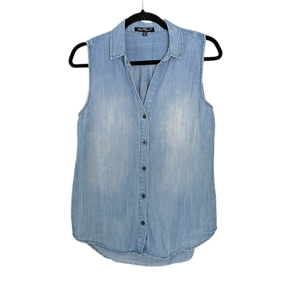 VELVET HEART Chambray Sleeveless Button Front Blouse Blue XS